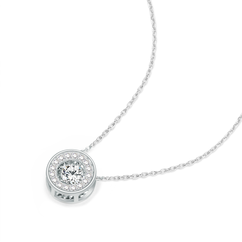 Faux Diamond Round Solitaire Pendant Halo Necklace | Gold Necklace for