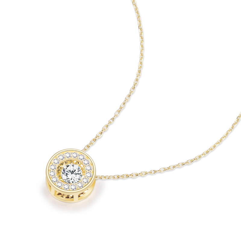 Faux Diamond Round Solitaire Pendant Halo Necklace | Gold Necklace for