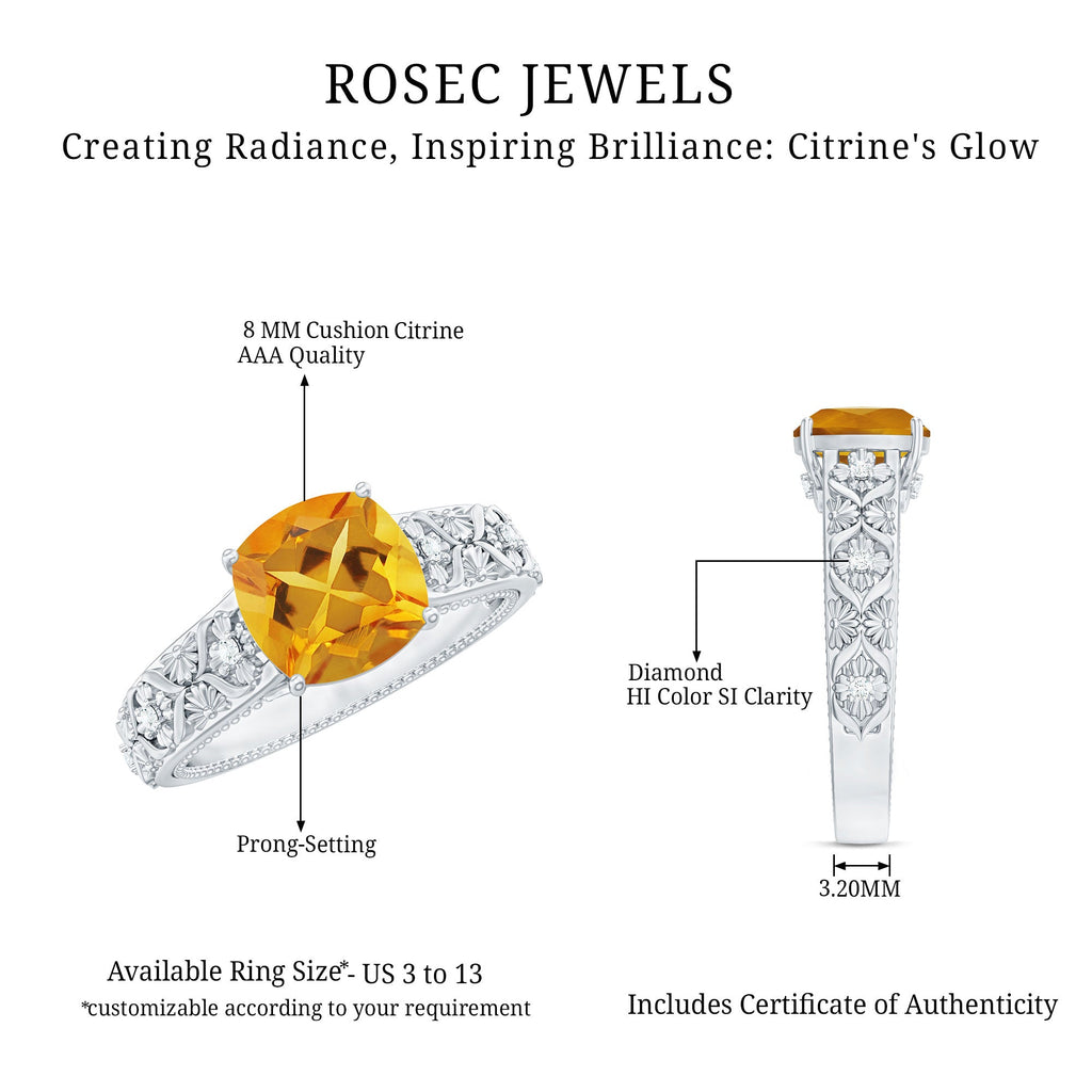 Vintage Style 8mm Citrine Cushion Cut Engagement Ring with Diamond