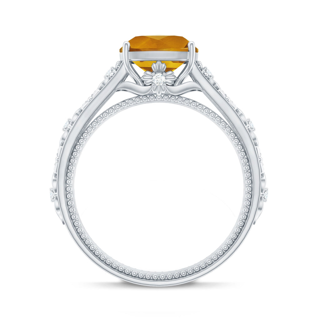 Vintage Style 8mm Citrine Cushion Cut Engagement Ring with Diamond