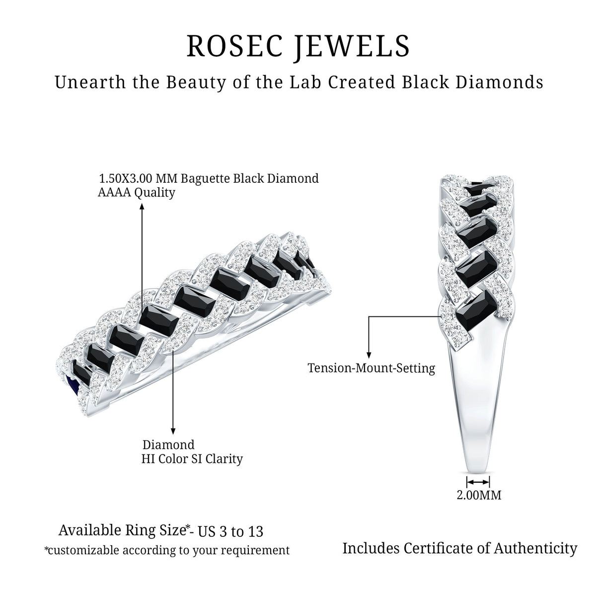 Certified Lab Grown Black and White Diamond Half Eternity Band Ring for Anniversary