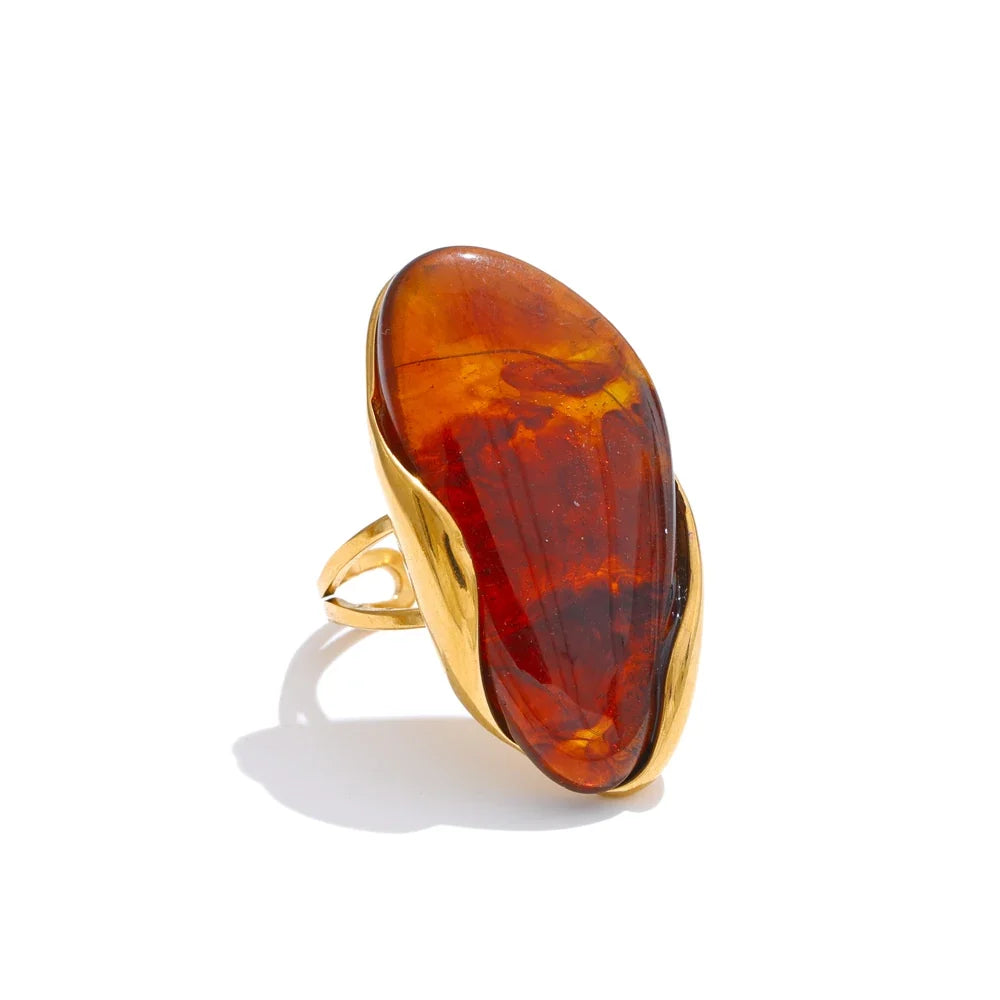 Yhpup New Design Brown Green Beige Resin Geometric Adjustable Ring Golden PVD Stainless Steel Rust Proof Finger Jewelry Gift