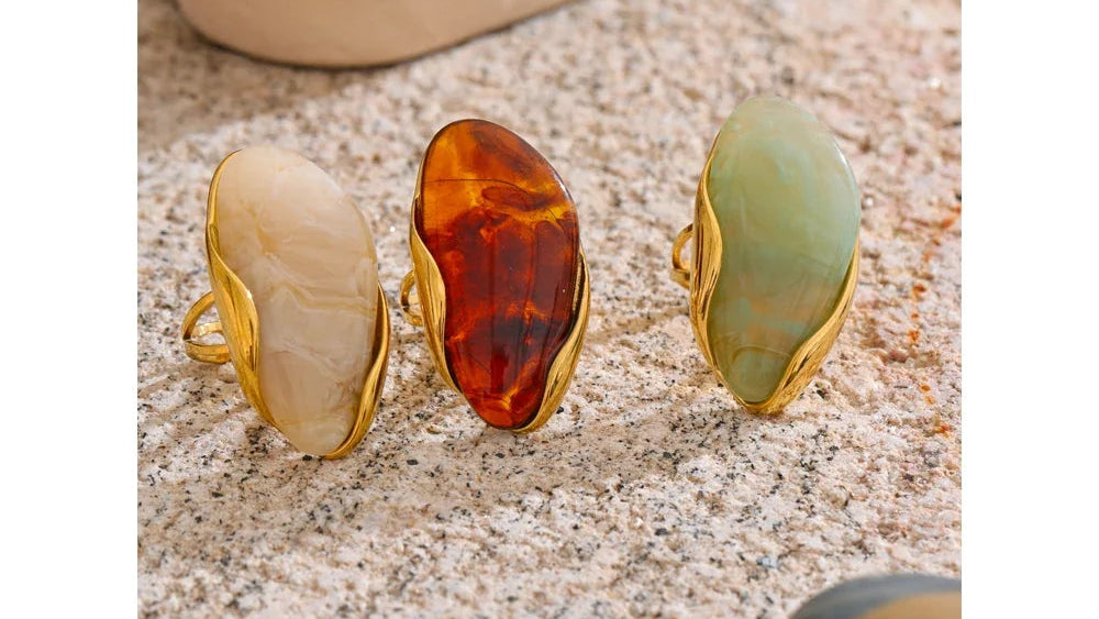 Yhpup New Design Brown Green Beige Resin Geometric Adjustable Ring Golden PVD Stainless Steel Rust Proof Finger Jewelry Gift