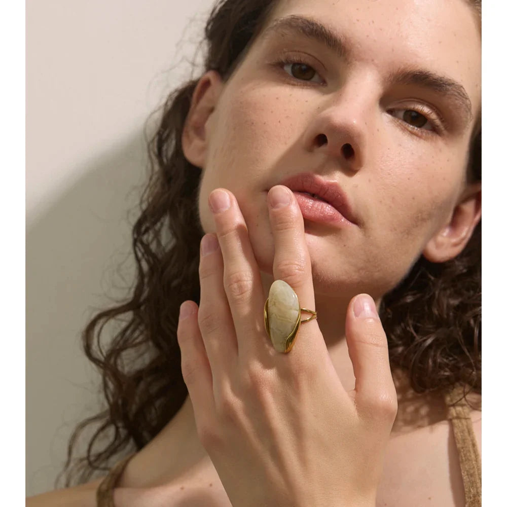 Yhpup New Design Brown Green Beige Resin Geometric Adjustable Ring Golden PVD Stainless Steel Rust Proof Finger Jewelry Gift