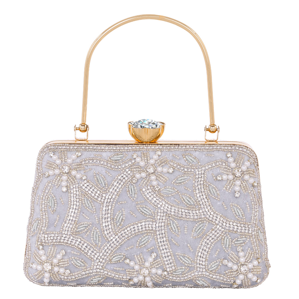 A.E Emboried Wedding Beautiful Silver Clutch | Wedding Clutch Bag with