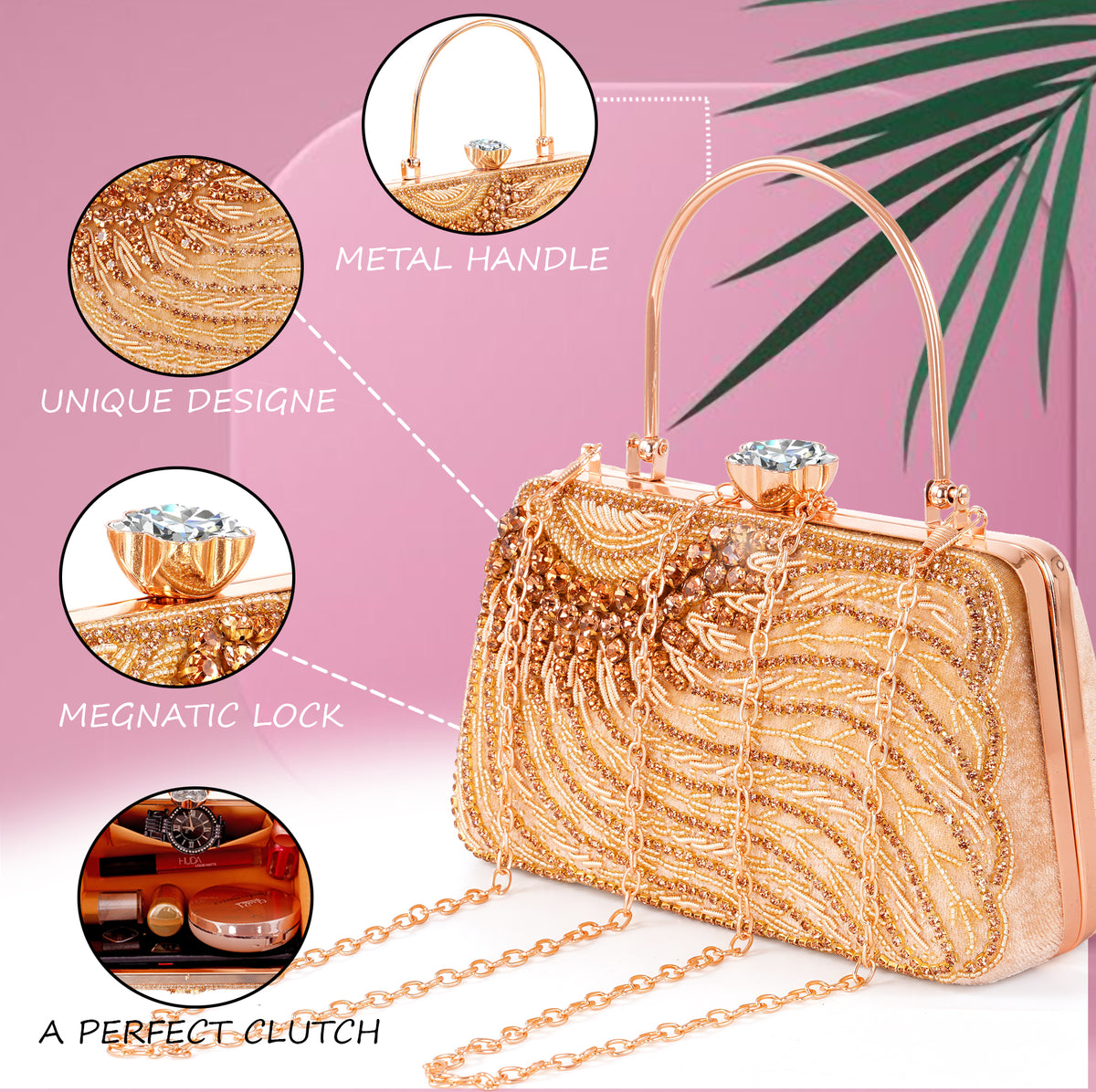 A.E Designer Embroidered Golden Bridal Clutch for Women | Traditional