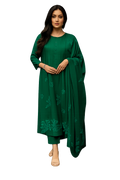 Women's Green Embroidered Kurta Set with Dupatta-XL-Bottle Green