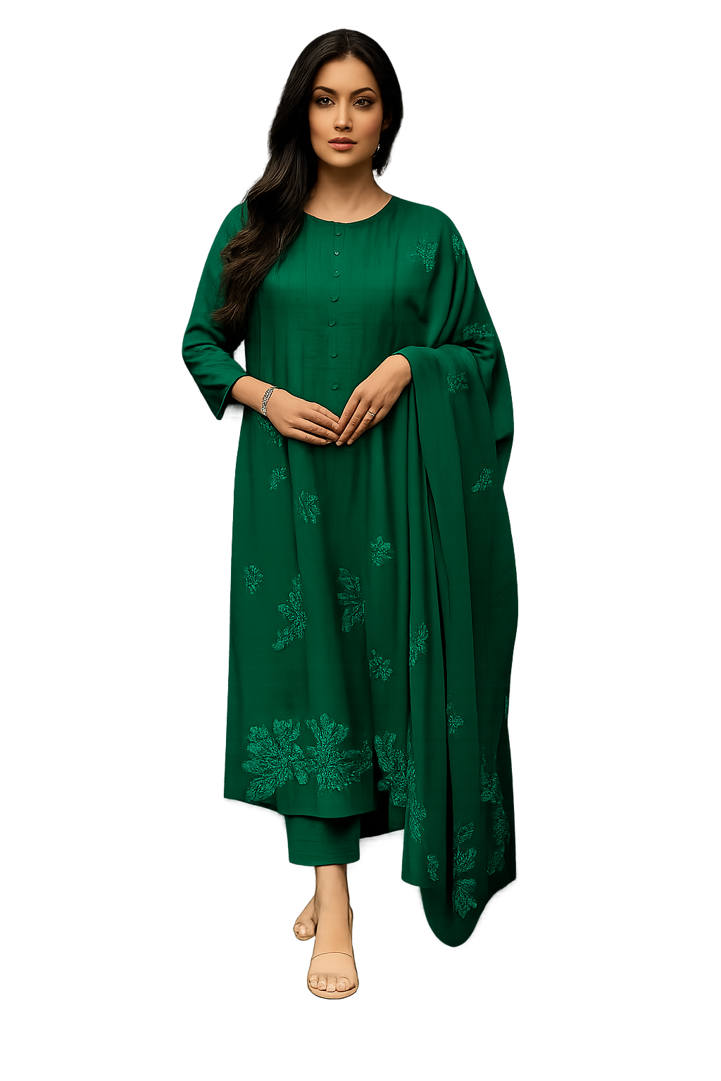 Women's Green Embroidered Kurta Set with Dupatta-XL-Bottle Green