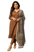 Women's Brown Embroidered Kurta Set with Patterned Shawl – Traditional