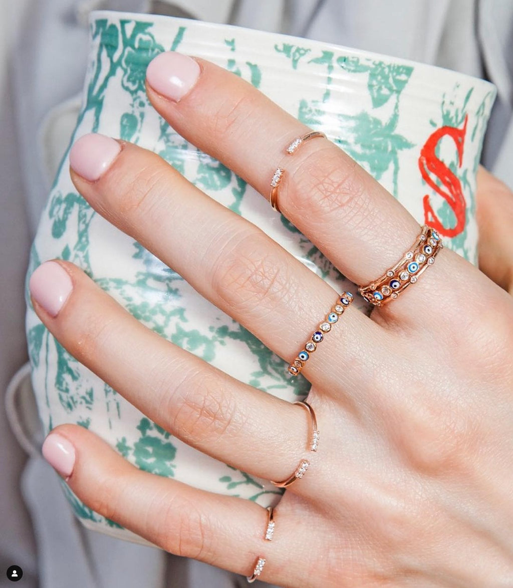 Rose Gold Dainty Evil Eye Ring Stackable Set in Silver