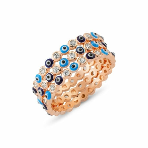 Rose Gold Dainty Evil Eye Ring Stackable Set in Silver